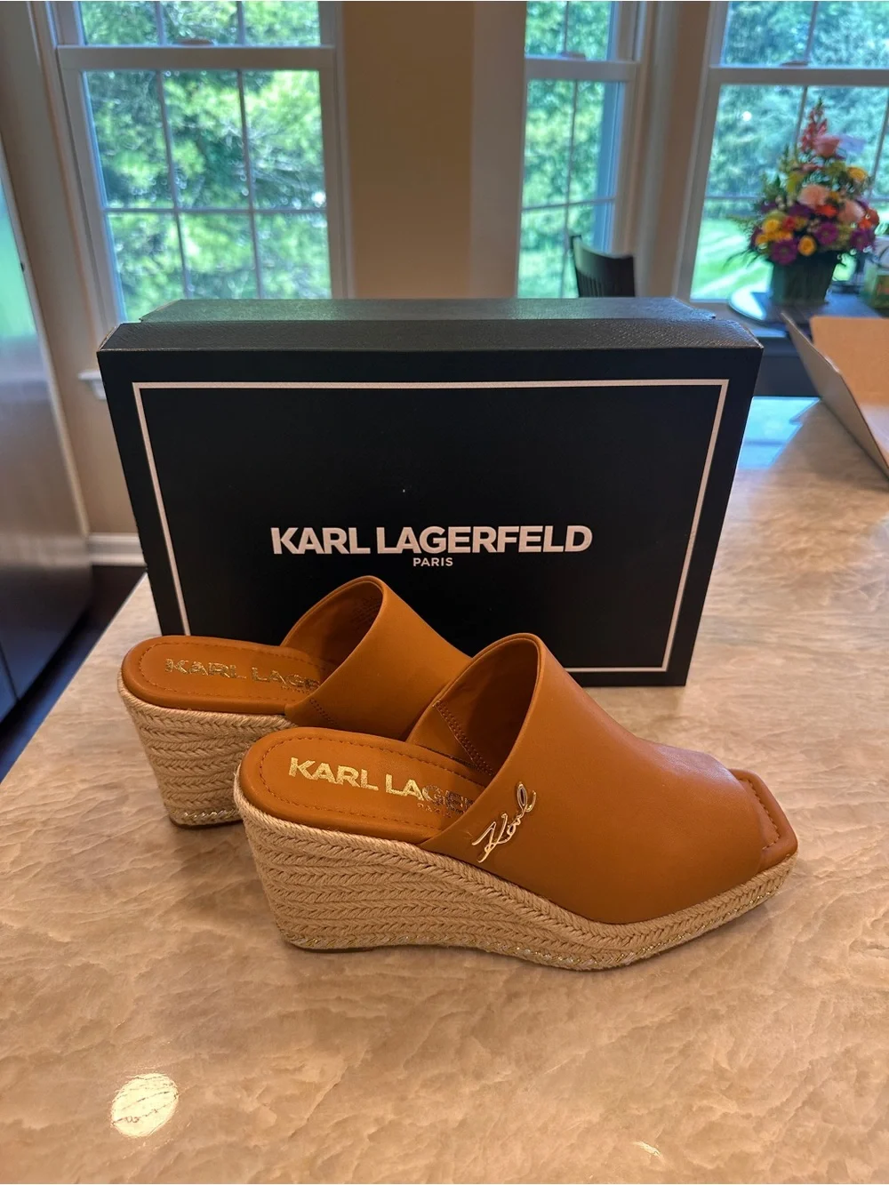 Karl Lagerfeld Cognac Leather Espadrille Wedge Mules